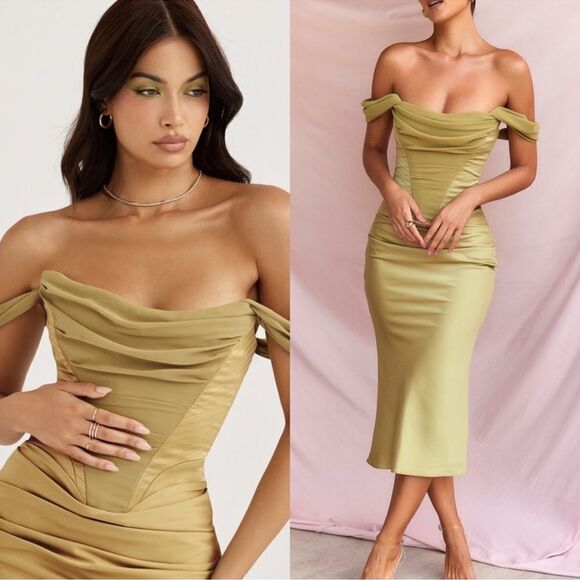 House of CB Natalya Olive Satin Corset Midi Dress - Picture 2 of 11